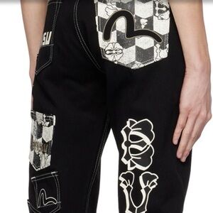 Evisu Black White Graphic Embroidery Multi-Pockets Tapered Denim Jeans NWT w Bag